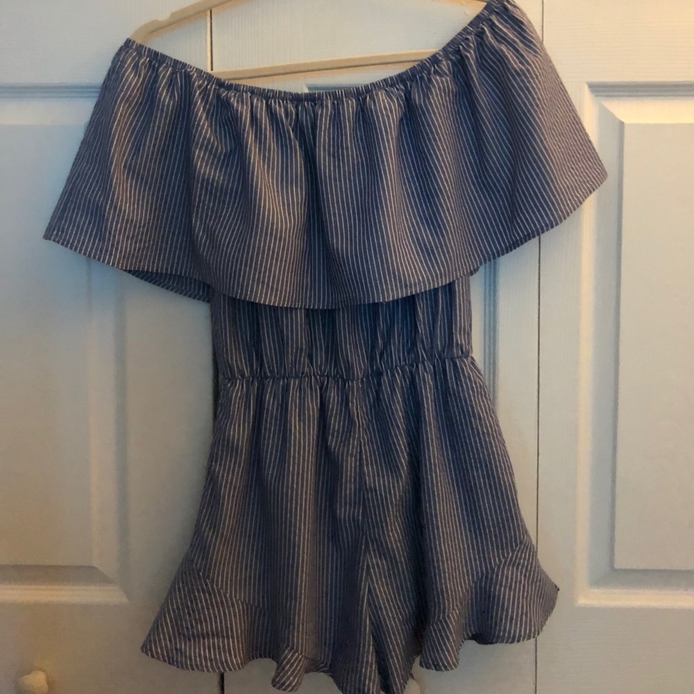 Riley Romper denim stripe off shoulder worn once!